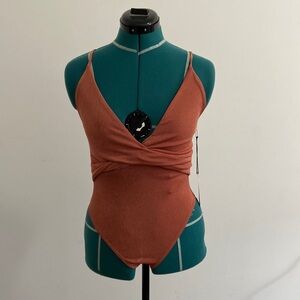 Knit, rusty pink, v-neck, bodysuit tank with bias twist front detail